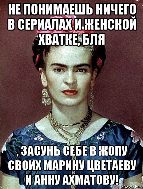 Не понимаешь ничего в сериалах и женской хватке, бля , засунь себе в жопу своих Марину Цветаеву и Анну Ахматову!