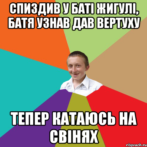 спиздив у батi жигулi, батя узнав дав вертуху тепер катаюсь на свiнях, Мем  малый паца