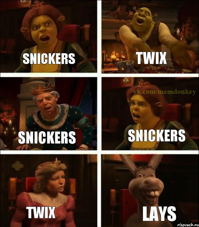 Snickers Twix Snickers Snickers Twix Lays, Комикс  Шрек Фиона Гарольд Осел