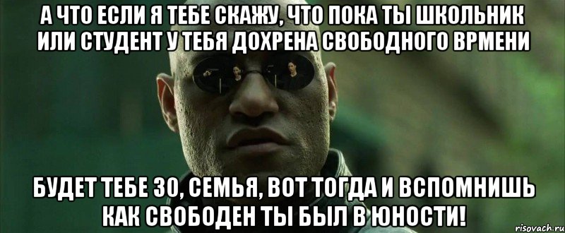 А что если я тебе скажу, что пока ты школьник или студент у тебя дохрена свободного врмени Будет тебе 30, семья, вот тогда и вспомнишь как свободен ты был в юности!, Мем  морфеус