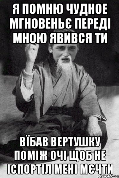 я помню чудное мгновеньє переді мною явився ти вїбав вертушку поміж очі щоб не іспортіл мені мєчти, Мем Мудрий паца