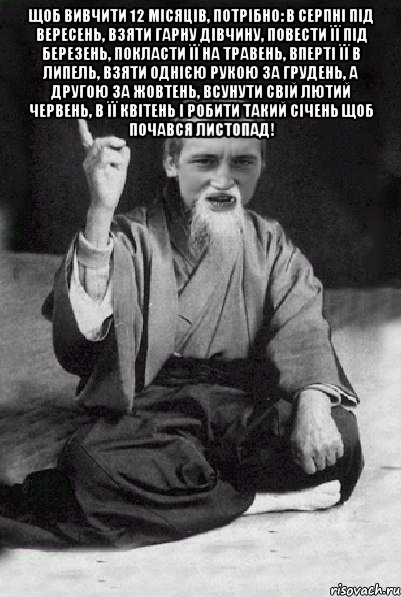 Щоб вивчити 12 місяців, потрібно: в Серпні під Вересень, взяти гарну дівчину, повести її під Березень, покласти її на Травень, вперті її в Липель, взяти однією рукою за Грудень, а другою за Жовтень, всунути свій Лютий Червень, в її Квітень і робити такий Січень щоб почався Листопад! , Мем Мудрий паца