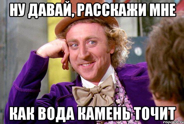 НУ ДАВАЙ, РАССКАЖИ МНЕ КАК ВОДА КАМЕНЬ ТОЧИТ, Мем Ну давай расскажи (Вилли Вонка)