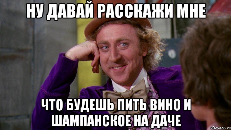 Ну давай расскажи мне что будешь пить вино и шампанское на даче, Мем Ну давай расскажи (Вилли Вонка)