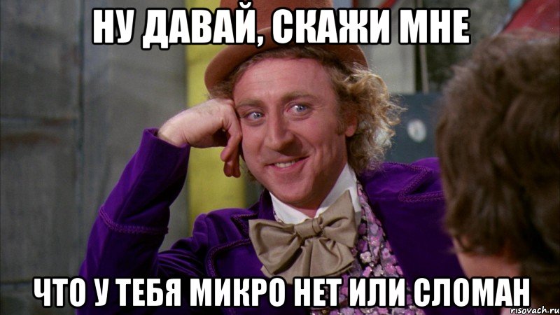 Ну давай, скажи мне что у тебя микро нет или сломан, Мем Ну давай расскажи (Вилли Вонка)