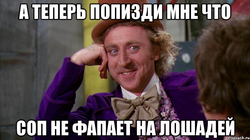 А ТЕПЕРЬ ПОПИЗДИ МНЕ ЧТО СОП НЕ ФАПАЕТ НА ЛОШАДЕЙ, Мем Ну давай расскажи (Вилли Вонка)