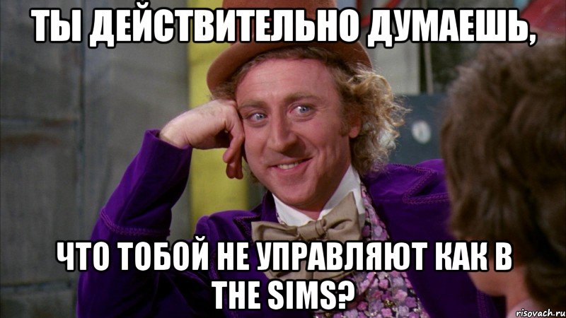 ты действительно думаешь, что тобой не управляют как в The Sims?, Мем Ну давай расскажи (Вилли Вонка)