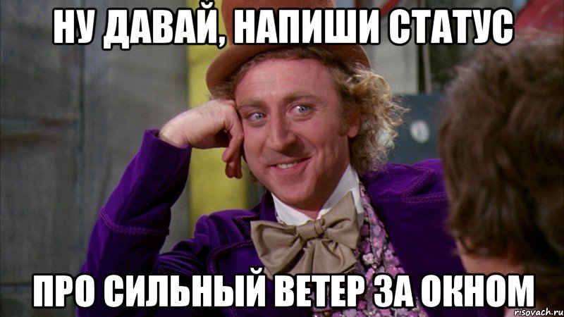 ну давай, напиши статус про сильный ветер за окном, Мем Ну давай расскажи (Вилли Вонка)