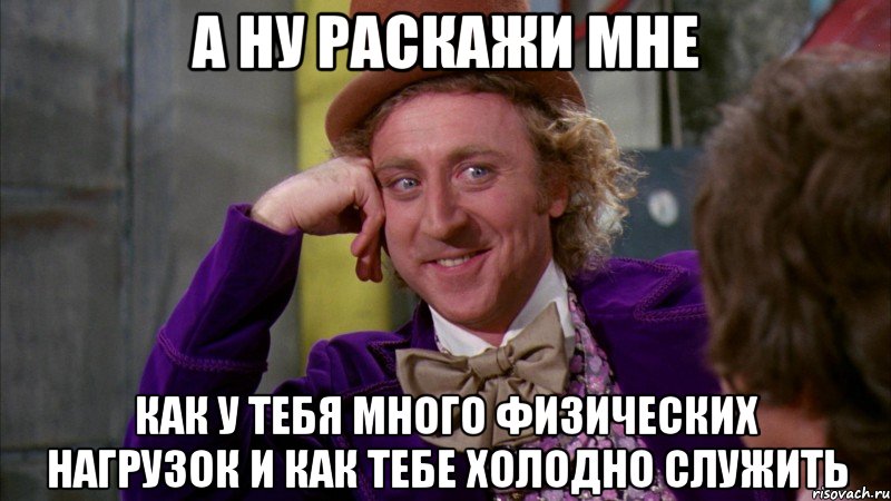 а ну раскажи мне как у тебя много физических нагрузок и как тебе холодно служить, Мем Ну давай расскажи (Вилли Вонка)