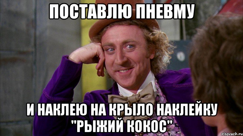 Поставлю пневму и наклею на крыло наклейку "Рыжий Кокос", Мем Ну давай расскажи (Вилли Вонка)