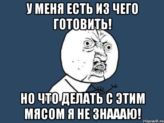 У меня есть из чего готовить! Но что делать с ЭТИМ мясом я не знаааю!, Мем Ну почему