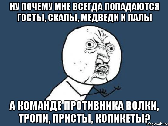 Ну почему мне всегда попадаются госты, скалы, медведи и палы А команде противника волки, троли, присты, копикеты?, Мем Ну почему