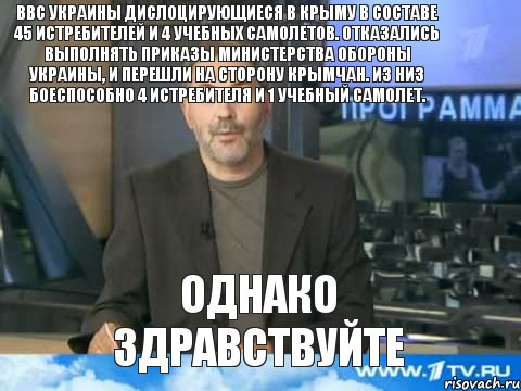 ВВС Украины дислоцирующиеся в Крыму в составе 45 истребителей и 4 учебных самолетов. Отказались выполнять приказы Министерства обороны Украины, и перешли на сторону крымчан. Из низ боеспособно 4 истребителя и 1 учебный самолет. Однако здравствуйте, Мем  Однако