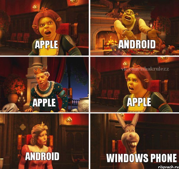 APPLE ANDROID APPLE APPLE ANDROID WINDOWS PHONE, Комикс  Шрек Фиона Гарольд Осел