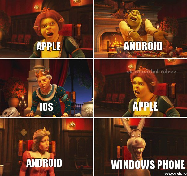 APPLE ANDROID IOS APPLE ANDROID WINDOWS PHONE, Комикс  Шрек Фиона Гарольд Осел