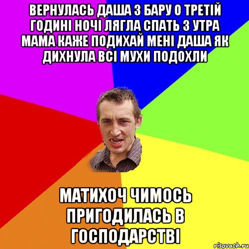 вернулась даша з бару о третій годині ночі лягла спать з утра мама каже подихай мені даша як дихнула всі мухи подохли матихоч чимось пригодилась в господарстві, Мем Чоткий паца