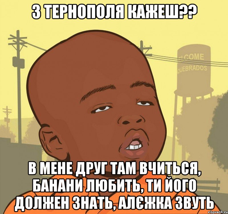 з Тернополя кажеш?? в мене друг там вчиться, банани любить, ти його должен знать, алєжка звуть, Мем Пацан наркоман