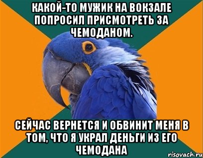 КАКОЙ-ТО МУЖИК НА ВОКЗАЛЕ ПОПРОСИЛ ПРИСМОТРЕТЬ ЗА ЧЕМОДАНОМ. СЕЙЧАС ВЕРНЕТСЯ И ОБВИНИТ МЕНЯ В ТОМ, ЧТО Я УКРАЛ ДЕНЬГИ ИЗ ЕГО ЧЕМОДАНА, Мем Попугай параноик