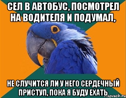 СЕЛ В АВТОБУС, ПОСМОТРЕЛ НА ВОДИТЕЛЯ И ПОДУМАЛ, НЕ СЛУЧИТСЯ ЛИ У НЕГО СЕРДЕЧНЫЙ ПРИСТУП, ПОКА Я БУДУ ЕХАТЬ, Мем Попугай параноик