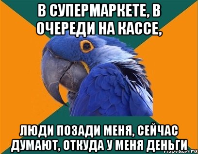 В СУПЕРМАРКЕТЕ, В ОЧЕРЕДИ НА КАССЕ, ЛЮДИ ПОЗАДИ МЕНЯ, СЕЙЧАС ДУМАЮТ, ОТКУДА У МЕНЯ ДЕНЬГИ, Мем Попугай параноик