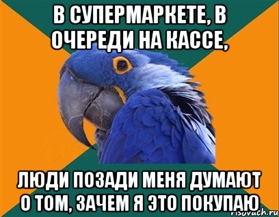 В СУПЕРМАРКЕТЕ, В ОЧЕРЕДИ НА КАССЕ, ЛЮДИ ПОЗАДИ МЕНЯ ДУМАЮТ О ТОМ, ЗАЧЕМ Я ЭТО ПОКУПАЮ, Мем Попугай параноик