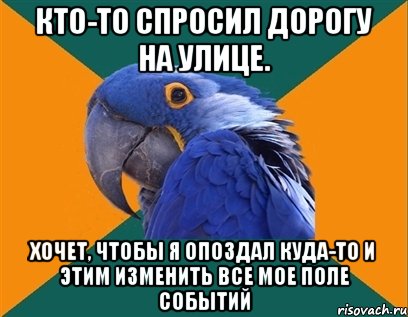 кто-то спросил дорогу на улице. хочет, чтобы я опоздал куда-то и этим изменить все мое поле событий, Мем Попугай параноик