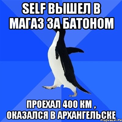 Self вышел в магаз за батоном Проехал 400 км , оказался в Архангельске, Мем  Социально-неуклюжий пингвин