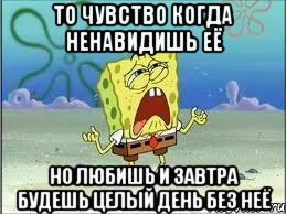 то чувство когда ненавидишь её но любишь и завтра будешь целый день без неё, Мем Спанч Боб плачет