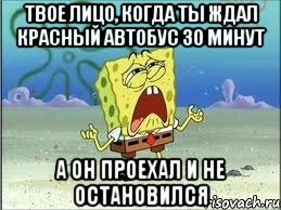 твое лицо, когда ты ждал красный автобус 30 минут а он проехал и не остановился, Мем Спанч Боб плачет