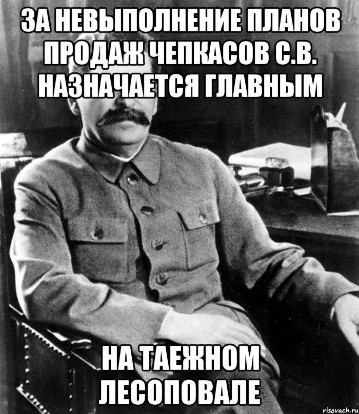 за невыполнение планов продаж чепкасов с.в. назначается главным на таежном лесоповале, Мем  иосиф сталин