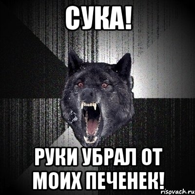 СУКА! РУКИ УБРАЛ ОТ МОИХ ПЕЧЕНЕК!, Мем Сумасшедший волк