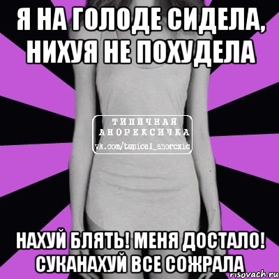 Я НА ГОЛОДЕ СИДЕЛА, НИХУЯ НЕ ПОХУДЕЛА НАХУЙ БЛЯТЬ! МЕНЯ ДОСТАЛО! СУКАНАХУЙ ВСЕ СОЖРАЛА, Мем Типичная анорексичка