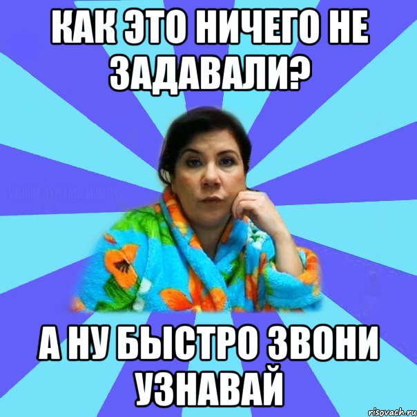 Как это ничего не задавали? А ну быстро звони узнавай, Мем типичная мама