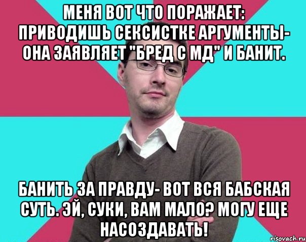 Меня вот что поражает: приводишь сексистке аргументы- она заявляет "бред с МД" и банит. Банить за правду- вот вся бабская суть. Эй, суки, вам мало? Могу еще насоздавать!, Мем Типичный антифеминист лжеантисек