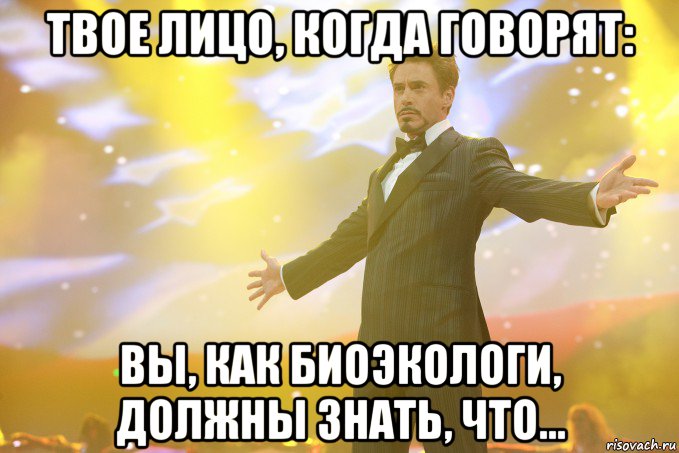 Твое лицо, когда говорят: Вы, как биоэкологи, должны знать, что..., Мем Тони Старк (Роберт Дауни младший)