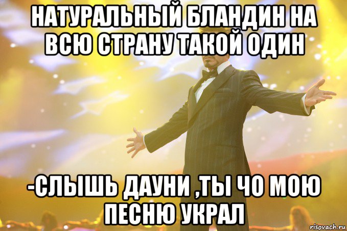 натуральный бландин на всю страну такой один -слышь дауни ,ты чо мою песню украл, Мем Тони Старк (Роберт Дауни младший)