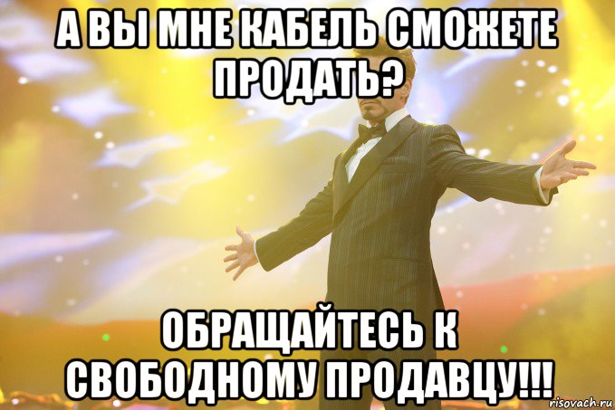 А вы мне кабель сможете продать? ОБРАЩАЙТЕСЬ К СВОБОДНОМУ ПРОДАВЦУ!!!, Мем Тони Старк (Роберт Дауни младший)