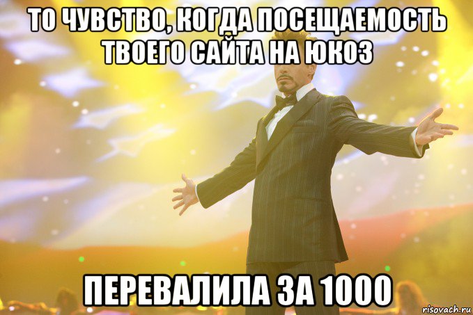 То чувство, когда посещаемость твоего сайта на Юкоз перевалила за 1000, Мем Тони Старк (Роберт Дауни младший)