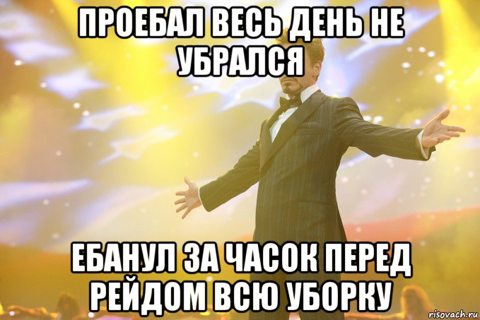 Проебал весь день не убрался Ебанул за часок перед рейдом всю уборку, Мем Тони Старк (Роберт Дауни младший)