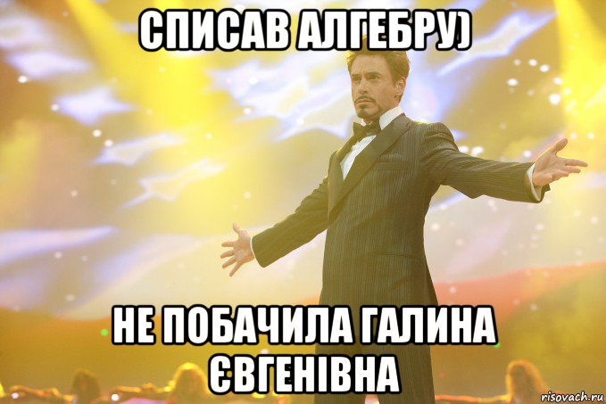 списав алгебру) не побачила Галина Євгенівна, Мем Тони Старк (Роберт Дауни младший)