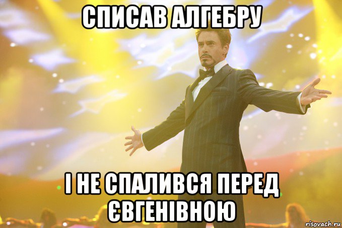 списав алгебру і не спалився перед Євгенівною, Мем Тони Старк (Роберт Дауни младший)