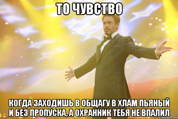 то чувство Когда заходишь в общагу в хлам пьяный и без пропуска, а охранник тебя не впалил, Мем Тони Старк (Роберт Дауни младший)