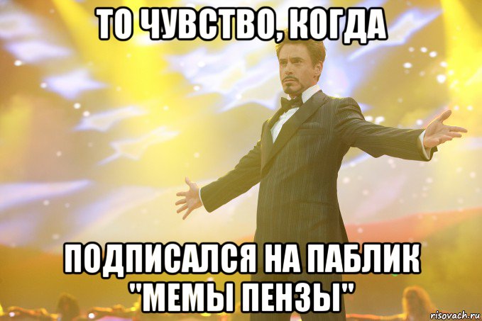 То чувство, когда подписался на паблик "Мемы Пензы", Мем Тони Старк (Роберт Дауни младший)