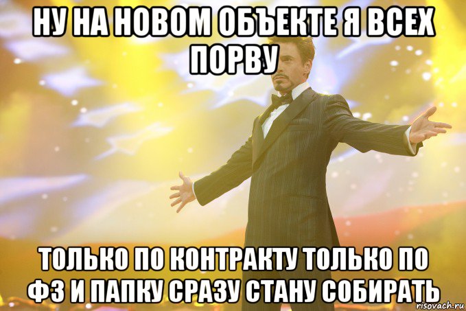 ну на новом объекте я всех порву только по контракту только по ФЗ и папку сразу стану собирать, Мем Тони Старк (Роберт Дауни младший)