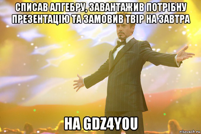 списав алгебру, завантажив потрібну презентацію та замовив твір на завтра на GDZ4YOU, Мем Тони Старк (Роберт Дауни младший)