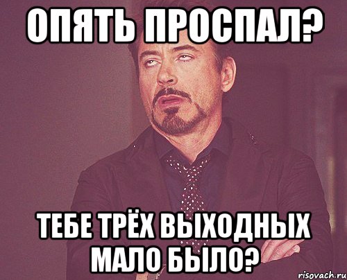 ОПЯТЬ ПРОСПАЛ? ТЕБЕ ТРЁХ ВЫХОДНЫХ МАЛО БЫЛО?, Мем твое выражение лица