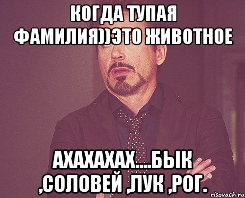 когда тупая фамилия))это животное ахахахах....бык ,соловей ,лук ,рог., Мем твое выражение лица