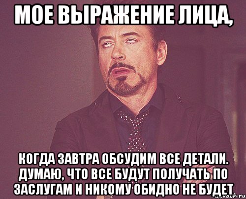 Мое выражение лица, Когда завтра обсудим все детали. Думаю, что все будут получать по заслугам и никому обидно не будет, Мем твое выражение лица