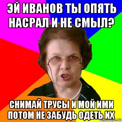 Эй Иванов ты опять насрал и не смыл? Снимай трусы и мой ими потом не забудь одеть их, Мем Типичная училка