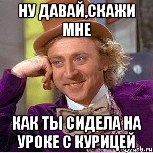 Ну давай,скажи мне Как ты сидела на уроке с курицей, Мем Ну давай расскажи (Вилли Вонка)